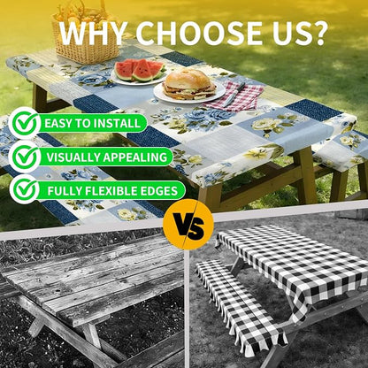 Picnic Table Cover with Bench Covers, 72 X 30 Inch Elastic Fitted Camping Tablecloth with Strap Design for 6FT Rectangle Tables, Windproof Outdoor Tablecloth Set with Storage Bag