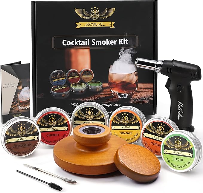 Willscoo Cocktail Smoker Kit - Handmade Old Fashioned Wood Smoker with Torch, 6 Flavors Wood Chips for Whiskey & Alcohol Gift Set, Gift for Men