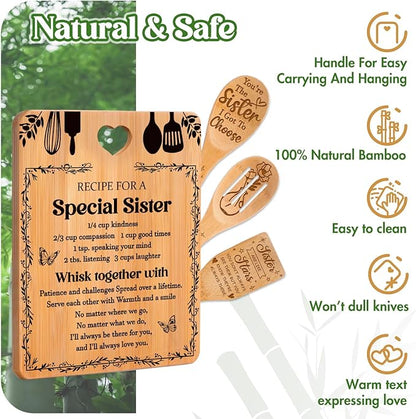 Sister Birthday Gifts - "Recipe for a Special Sister" Sister Gifts from Sister Cutting Board Set, Bamboo-Made Engraved Utensil Set Sister Gifts from Sister, Mothers Day Gifts for Sister