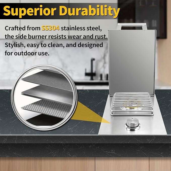 Single Side Burners-NG | Heavy-Duty 304 Stainless Steel Drop-In Side Burner, 15,000 BTU Natural Gas & Propane Burner for BBQ Island Outdoor Kitchen