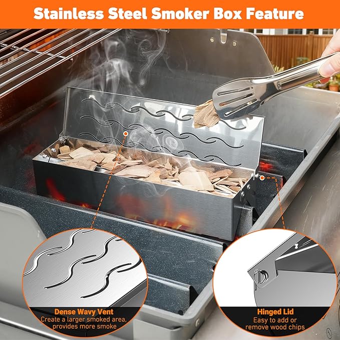 Skyflame Wood Chip Smoker Box, Stainless Steel Double V-shape BBQ Smoke Box with Hinged Lid for Charcoal & Propane Gas Grill, 12.5"(L) x 3.3"(W) x 2.5"(H), U.S. Design Patent