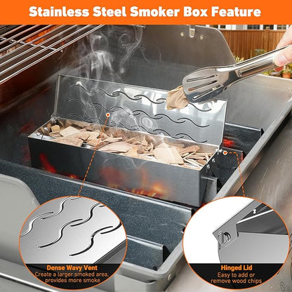 Skyflame Wood Chip Smoker Box, Stainless Steel Double V-shape BBQ Smoke Box with Hinged Lid for Charcoal & Propane Gas Grill, 12.5"(L) x 3.3"(W) x 2.5"(H), U.S. Design Patent