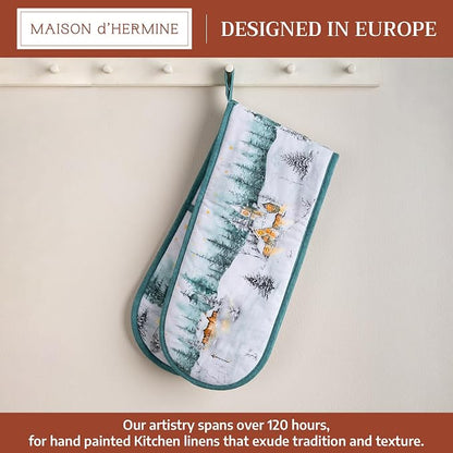 Maison d' Hermine Double Oven Mitts 100% Cotton Double Oven Glove (7"x35") | Heat Resistant BBQ Cooking Gloves with Loop Baking Kitchen Home Hotel Farmhouse Thanksgiving Christmas - Neige de Noel
