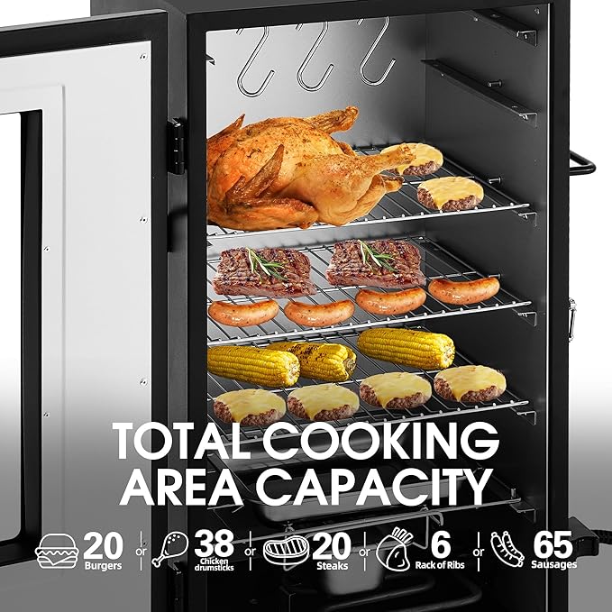 SE2806 28-Inch Analog Electric Smoker With 3 Chrome-plated Smoking Racks, Clear Viewing Window, 454 Sq. In. Cooking Area in Total, 1350W Output, Adjustable Temperature Control, Black