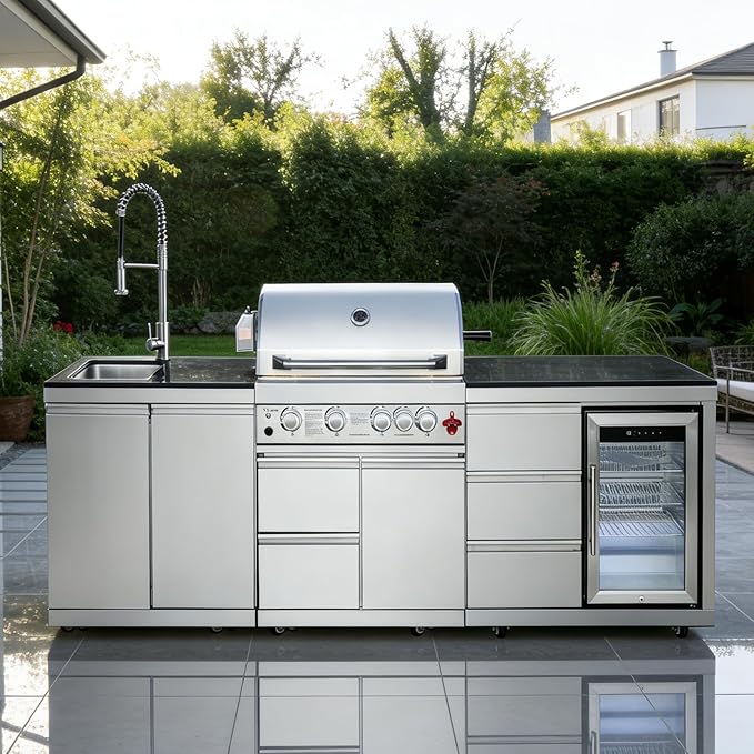 102" Outdoor Kitchen Island with Grill, 4-Burner 59,500 BTU Propane BBQ Island, Refrigerator, Sink with Trash Can Holder & 3-Drawer Cabinet, for Backyard and Patio Cooking, Silver