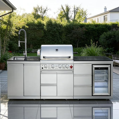 102" Outdoor Kitchen Island with Grill, 4-Burner 59,500 BTU Propane BBQ Island, Refrigerator, Sink with Trash Can Holder & 3-Drawer Cabinet, for Backyard and Patio Cooking, Silver