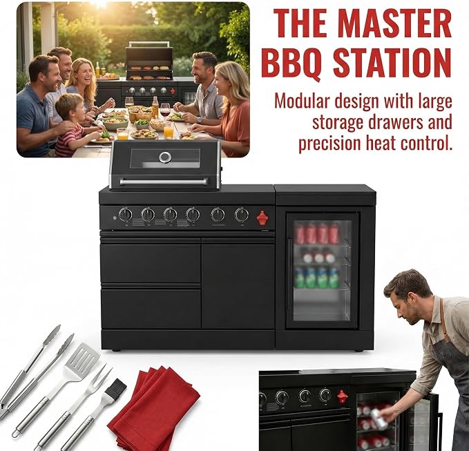 65-Inch 4-Burner 72,000 BTU Deluxe Stainless Steel Propane Gas Outdoor Kitchen Barbecue Island Grill, Wine Cooler, Compact Refrigerator, Marble Countertops
