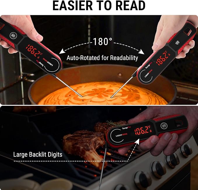 TempPro TempSwift 1 Sec Instant Read Meat Thermometer Digital | Kitchen Food Thermometer with 180° Rotating Display, IP67 Waterproof Cooking Thermometers for Deep Fry Smoker Grill BBQ, Red