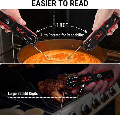 TempPro TempSwift 1 Sec Instant Read Meat Thermometer Digital | Kitchen Food Thermometer with 180° Rotating Display, IP67 Waterproof Cooking Thermometers for Deep Fry Smoker Grill BBQ, Red