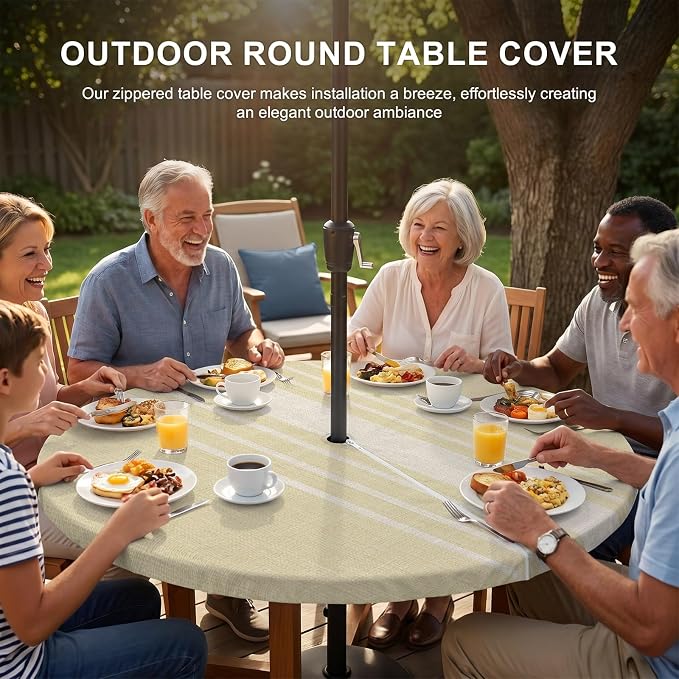 Outdoor Fitted Tablecloth with Umbrella Hole and Zipper, Vintage Yellow Beige Striped Elastic Round Patio Table Cover, Farmhouse Retro Lines Modern Table Protector for Backyard BBQ Party 55''-60''
