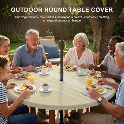 Outdoor Fitted Tablecloth with Umbrella Hole and Zipper, Vintage Yellow Beige Striped Elastic Round Patio Table Cover, Farmhouse Retro Lines Modern Table Protector for Backyard BBQ Party 55''-60''