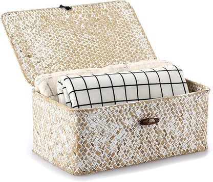 Hipiwe Wicker Shelf Baskets with Lid, Woven Seagrass Storage Basket Bin Rectangular Household Basket Boxes for Shelf Home Organizer and Decor, Whitewash X-Small
