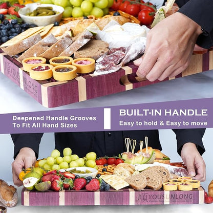 YOUSUNLONG End Grain Cutting Board - 20"L x 16"W Purple Heart Wood Chopping Board -1.5 Inch Thick with Juice Groove and Hand Grip - Butcher Block,Barbecue Tray,Cooktop Board,Cheese Board
