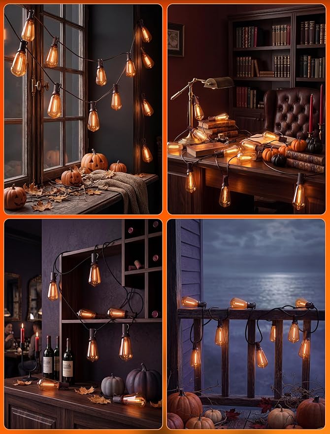 25FT Halloween Orange ST38 LED Outdoor String Lights with 25 Orange Edison Bulbs, Connectable Waterproof Hanging Patio Lights for Halloween, Thanksgiving, Backyard, Porch, Party Decor