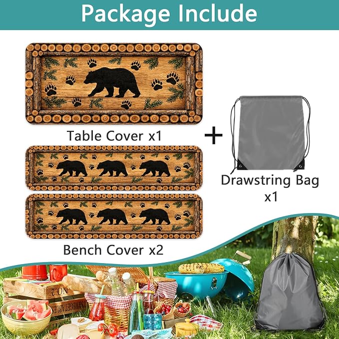 Forest Theme Picnic Table Cover with Bench Covers 6FT, Camping Essentials, Wood Grain Bear Waterproof Windproof Oilproof, Fitted Tablecloth Cover with Elastic Edge for Outdoor Garden 3 PCS 30x60 Inch