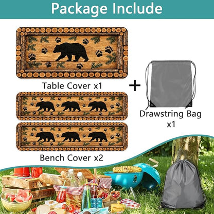 Forest Theme Picnic Table Cover with Bench Covers 6FT, Camping Essentials, Wood Grain Bear Waterproof Windproof Oilproof, Fitted Tablecloth Cover with Elastic Edge for Outdoor Garden 3 PCS 30x96 Inch