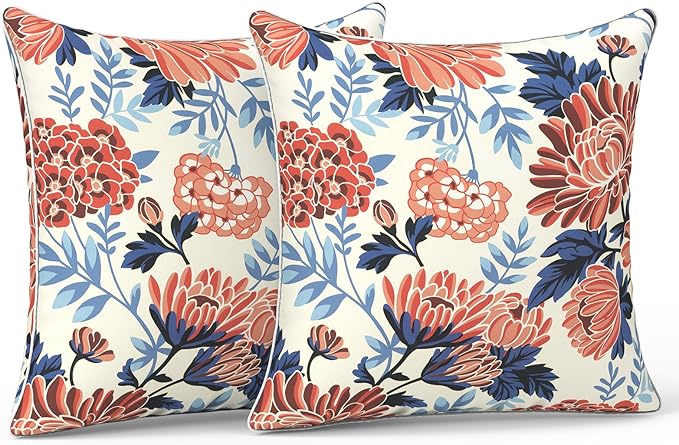 LVTXIII Outdoor/Indoor Pillow Covers, Patio Fade Resistant Throw Pillow Covers ONLY, Waterproof Farmhouse Accent Cushion Cases for Sofa Patio Couch Decoration 20"x20" Set of 2, Red Chrysanthemum