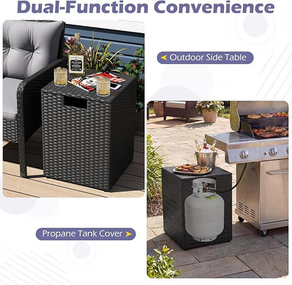 Tangkula Wicker Propane Tank Cover Table, 20 LB Gas Tank Holder Storage Box with Flip Lid & Adjustable Foot Pads, 16" Outdoor Rattan Hideaway Table for Gas Fire Pit, Grill, Griddle & Stove (Black)