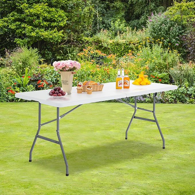 Goplus Folding Tables, 6ft Foldable Plastic Card Table, Portable Heavy Duty Fold Up Table w/Handle, White Outdoor Utility Folding Table for Picnic, Party, Dining, Camping, Beach, BBQ, No Assembly