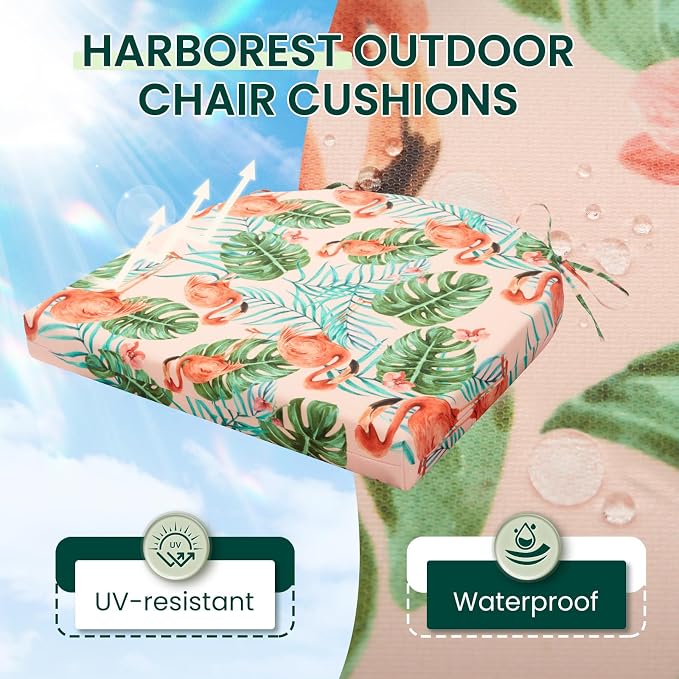 HARBOREST Outdoor Chair Cushions Set of 6, Water Resistant Patio Chair Cushions with Ties, Outdoor Seat Cushions for Patio Furniture, 17"x16"x2", Flamingo