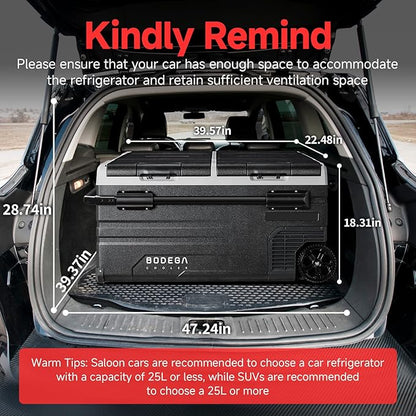 BODEGACOOLER 12 Volt Car Refrigerator, 100 Quart Portable Freezer, Car Fridge Dual Zone WIFI APP Control, -4℉-68℉ Cooler, 12/24V DC and 100-240V AC, for Travel, Camping, Outdoor,RV, black