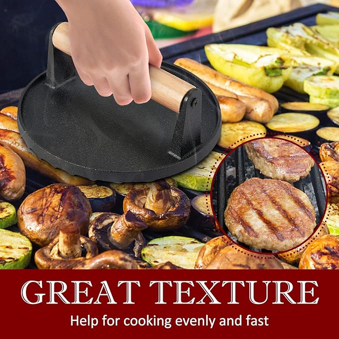 HaSteeL 2Pcs Cast Iron Bacon Press, Smash Burger Press for Teppanyaki Flat Top Griddle, Heavy Duty Round 7In & Rectangular 8x4In Grill Press, Perfect for BBQ Meat, Paninis, Tortilla, Steak, Sandwich
