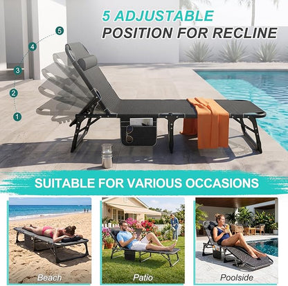 ABORON 3-in-1 Folding Lounge Chair with Padded Cushion, 440LB Heavy-Duty 3-Fold Adjustable Recliner & Guest Bed, No Assembly Portable Chaise Lounge for Patio, Poolside, Office Nap & Camping
