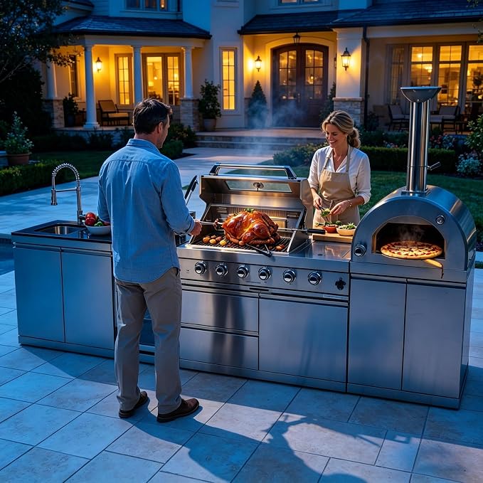 125" Modular Outdoor Kitchen Island with Pizza Oven, 108,000 BTU Propane BBQ Island with Grill and Side Burner, Refrigerator, Integrated Sink & Prep Station, for Backyard and Patio Cooking, Silver