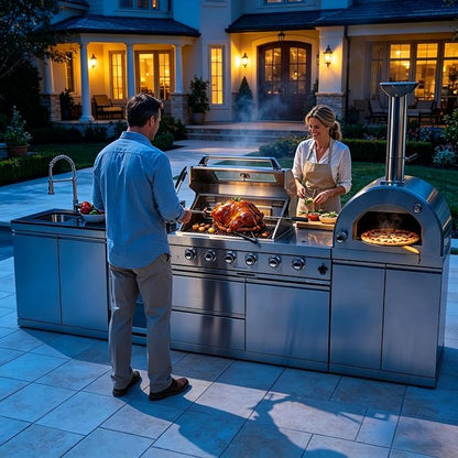 125" Modular Outdoor Kitchen Island with Pizza Oven, 108,000 BTU Propane BBQ Island with Grill and Side Burner, Refrigerator, Integrated Sink & Prep Station, for Backyard and Patio Cooking, Silver