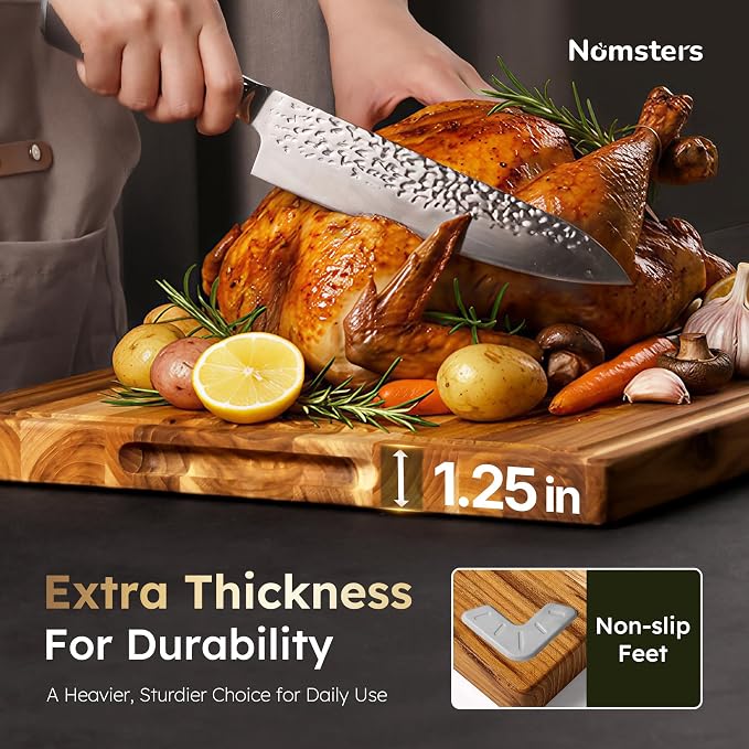 17 x 12 in Teak Cutting Board, Butcher Block with Juice Groove | 1.25” Thick Cutting Board for Meat and Brisket, End Grain Cutting Board for Party, Wood Cutting Board for Carving
