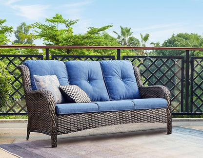 Rilyson Outdoor Patio Wicker Sofa, 900Lbs Weight Capacity Large 3 Seater Wicker Patio Couch with 4in Seat Cushions and Deep Seating, All Weather for Backyard, Garden, Poolside (Brown/Blue)