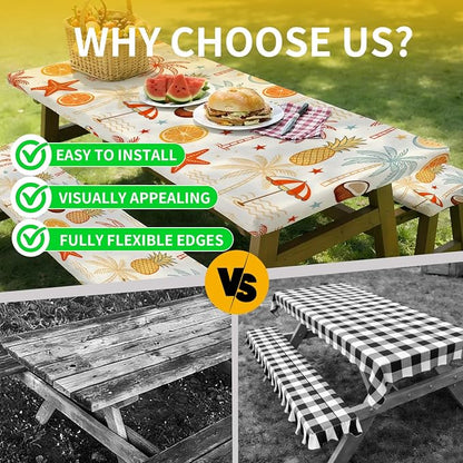Picnic Table Cover with Bench Covers, 72 X 30 Inch Elastic Fitted Camping Tablecloth with Strap Design for 6FT Rectangle Tables, Windproof Outdoor Tablecloth Set with Storage Bag