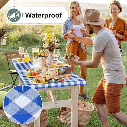 Buffalo Rectangle Picnic Tablecloth, 6 Foot Elastic Fitted Vinyl Table Cloth with Flannel Backing, Waterproof Plaid Table Covers for Dining, Camping, Outdoor (Blue and White, 30" x 72")