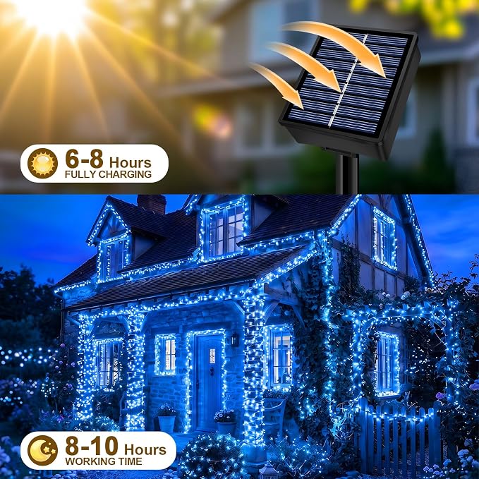 Solar String Lights 2 Pack Total 66FT 200LED Solar Fairy Lights Outdoor Waterproof 8 Lighting Modes Twinkle Lights for Patio, Garden Yard Party Wedding Tree Christmas Halloween Decoration, Blue