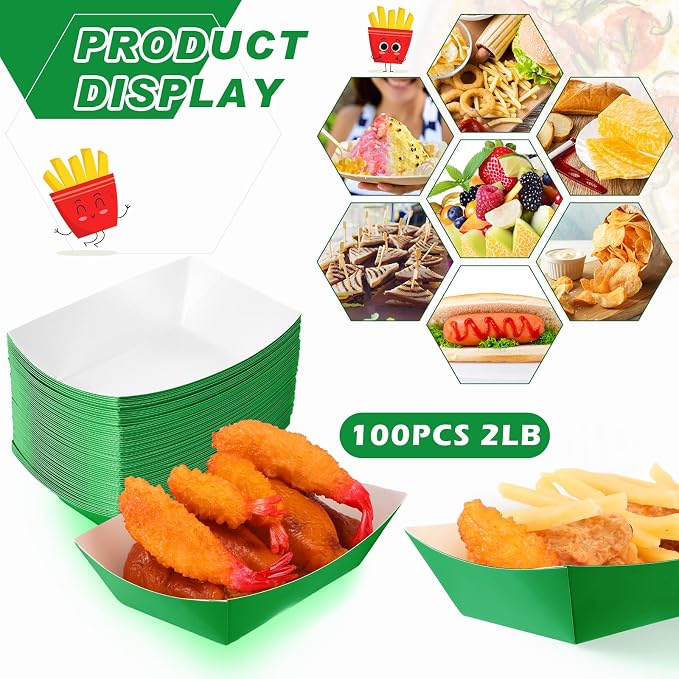 100 Pcs 2lb Paper Food Trays Boat Nacho Boats for Hot Dogs, Green | Grease-Resistant, Disposable Kraft Paper Boat for Tacos Concession, Food Trucks, Birthday, Wedding, Christmas, Halloween