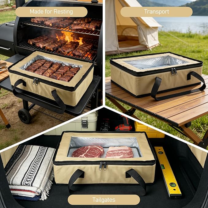 BANGIE BBQ Meat Resting Blanket & 9x13 Foil Pan Carrier - Leakproof Insulated Casserole Transport Bag with Visual Window, Rigid Hard Bottom - Birthday Father's Day Grilling Gifts for Men Dad, Khaki