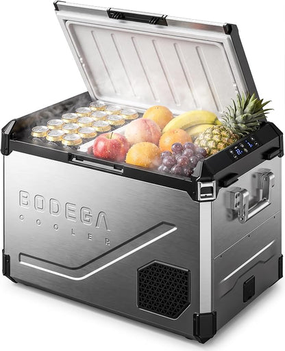BODEGA 12V Car Refrigerator, 63QT Stainless Steel Portable Fridge with Removable Divider for Dual Zone MAX/ECO Modes & Battery Protection, Electric Cooler for RV, Truck, Camping