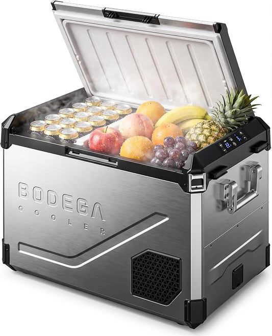 BODEGA 12V Car Refrigerator, 63QT Stainless Steel Portable Fridge with Removable Divider for Dual Zone MAX/ECO Modes & Battery Protection, Electric Cooler for RV, Truck, Camping