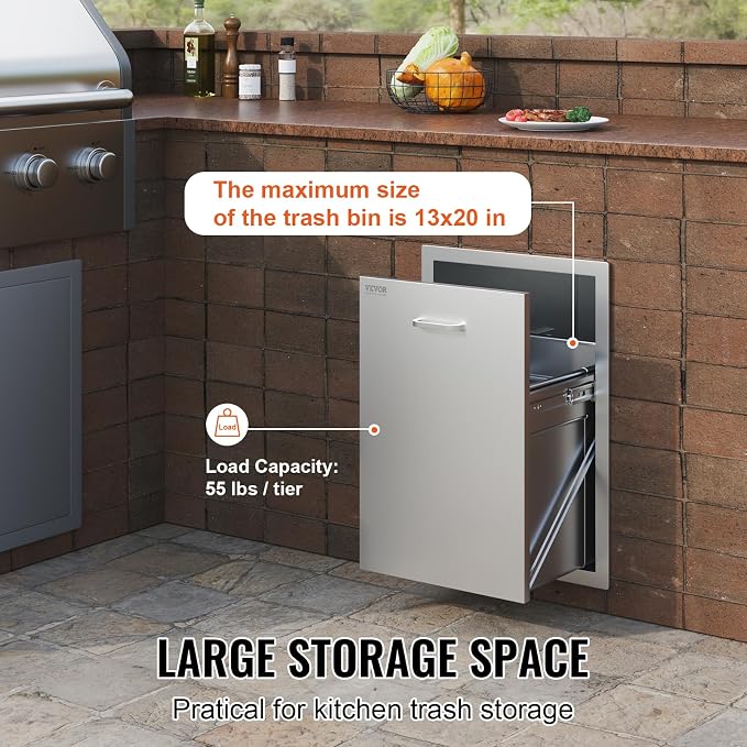 VEVOR Outdoor Kitchen Drawers 17.7"W x 25"H x 22.8"D Stainless Steel | Cabinets Trash Drawer/Door/Combo, for BBQ Island, Patio Grill Station, Access Door Drawers, Handle, Smooth Sliding Rail