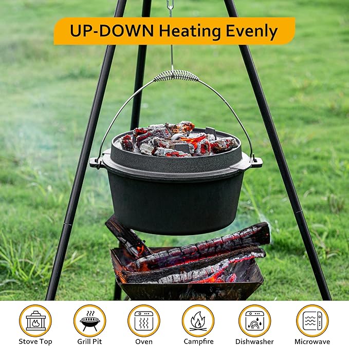 Velaze 10 QT Pre-Seasoned Cast Iron Camping Dutch Oven Pot with Lid | Comes with Metal Handles, Lid Lifter,Stand Support,Use in Oven, on Stove,Grill,or Over Campfire,Capacity for 4-8 People