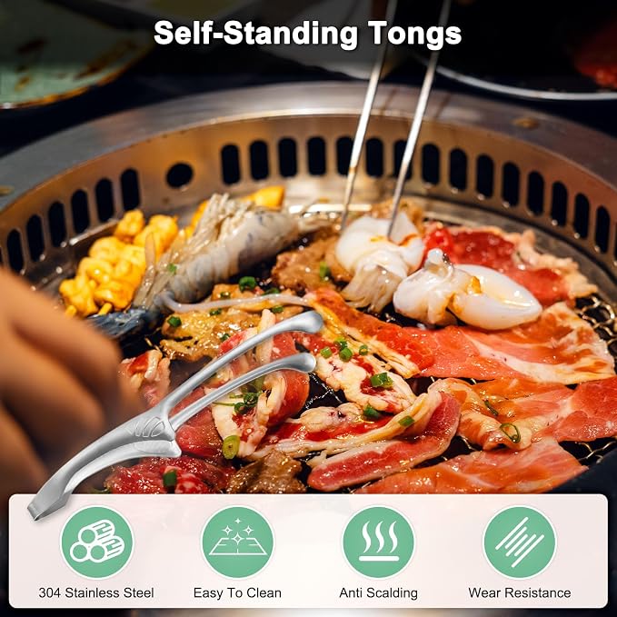 M METERXITY 5 Pcs Korean and Japanese BBQ Tongs 10 Inch Barbecue Tongs 304 Stainless Steel Kitchen Self-Standing Grill Non-Slip for Grill/Salad/Camping/Cooking [Silver]
