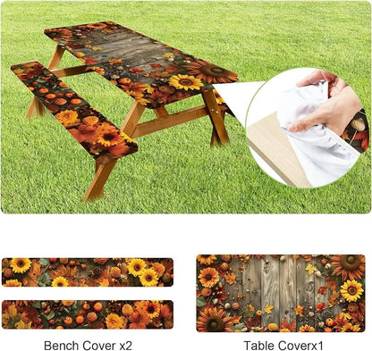 ANNA QUEEN Autumn Harvest Picnic Table Cover Set, 6FT Rustic Fall 3PCS 72"x30" Waterproof Tablecloth with Bench Covers for Camping Thanksgiving & Outdoor Events