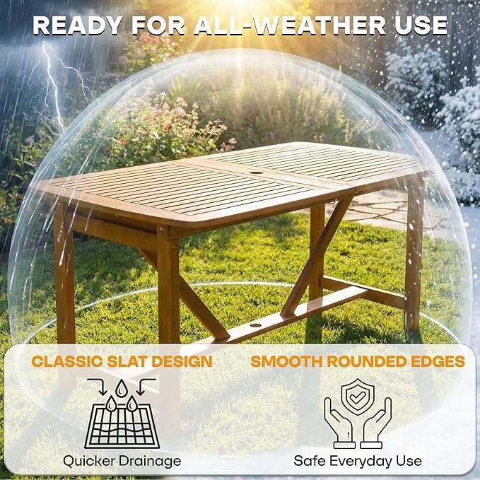Acacia 7 Piece Outdoor Dining Set Extendable 63"-95" L Table with Umbrella Hole & 6 Handwoven Chairs - All-Weather Use, Easy Assembly Patio Furniture Set for Deck, Garden - Natural (Set for 6-8)