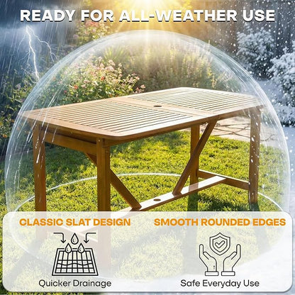 Acacia Extendable Dining Table 63”-95" L for 6-8 Seats, Outdoor Rectangular Table with 2" Umbrella Hole for Garden, Balcony, Poolside & Patio, UV Resistant & Slat Design, Easy Setup - Natural
