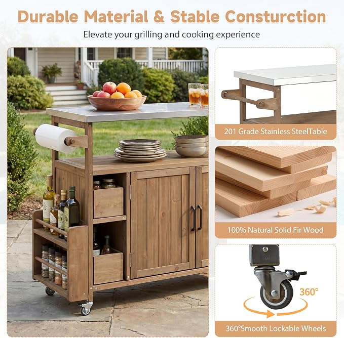 Christopher Knight Home Edsel Outdoor Bar Cart with Stainless Steel Top and Lockable Wheels, Solid Wood Outdoor Storage Cabinet, Kitchen Island Serving Cart for Poolside, Garden, Natural Brown+Silver