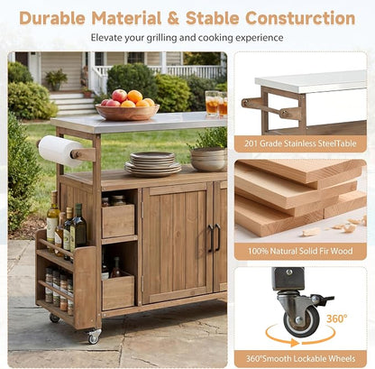 Christopher Knight Home Edsel Outdoor Bar Cart with Stainless Steel Top and Lockable Wheels, Solid Wood Outdoor Storage Cabinet, Kitchen Island Serving Cart for Poolside, Garden, Natural Brown+Silver