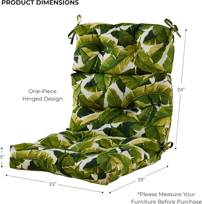 Outdoor Tufted High-Back Chair Cushions, One-Piece Hinged Seat and Back Design, Reversible with 4 Ties, Durable Polyester Fabric, Recycled Fiber Fill - Set of 2, Palm Leaves White