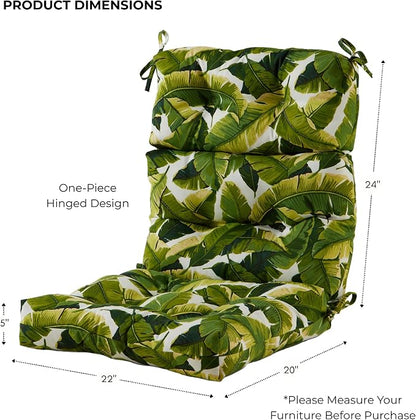 Outdoor Tufted High-Back Chair Cushions, One-Piece Hinged Seat and Back Design, Reversible with 4 Ties, Durable Polyester Fabric, Recycled Fiber Fill - Set of 2, Palm Leaves White