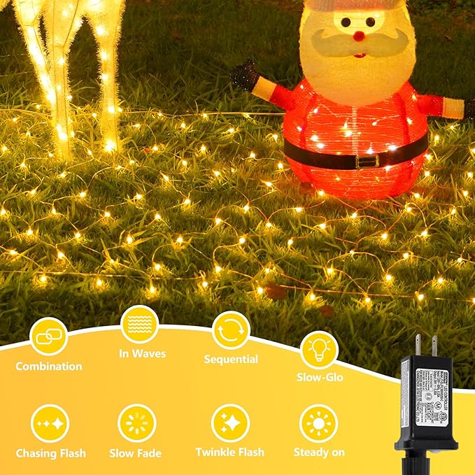 QITONG Net Lights Outdoor Mesh Lights, 12ft x 5ft 360 LED Warm White Christmas Light with 8 Modes, Connectable Clear Wire Bush Light Plug in