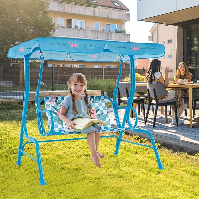 HONEY JOY Kids Patio Swing, 2-Seater Outdoor Porch Swing Lounge Chair, Adjustable Canopy & Safety Belt, All Weather Resistant Waterproof Hanging Swing Bench for Garden Poolside Balcony(Blue Flamingo)